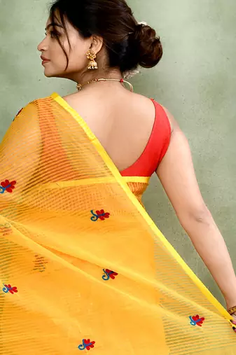 Women's yellow embellished cotton blend embroidery saree