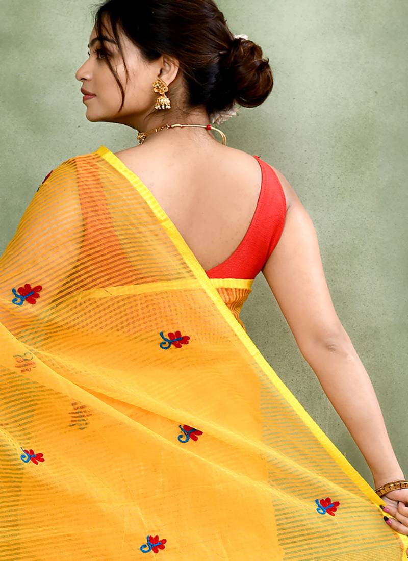 Women's yellow embellished cotton blend embroidery saree