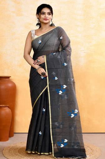 Women's grey embellished cotton blend embroidery saree