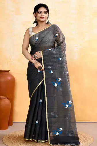 Women's grey embellished cotton blend embroidery saree