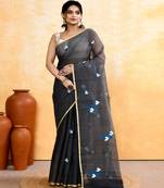 Women's grey embellished cotton blend embroidery saree
