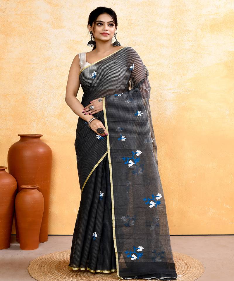 Women's grey embellished cotton blend embroidery saree
