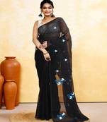 Women's black embellished cotton blend embroidery saree