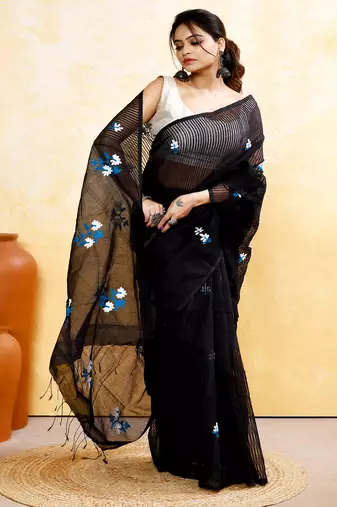 Women's black embellished cotton blend embroidery saree
