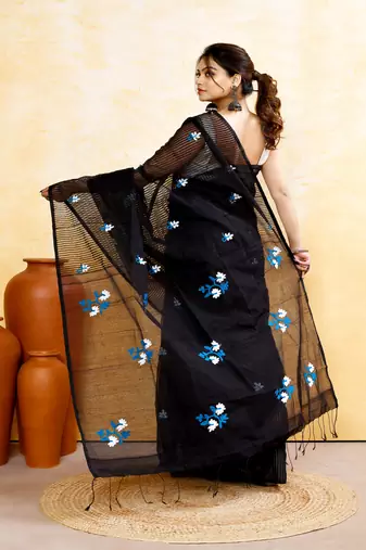 Women's black embellished cotton blend embroidery saree