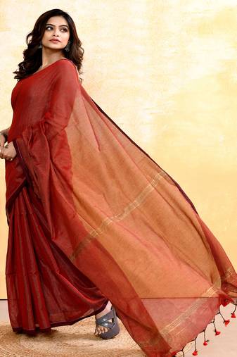 maroon embellished cotton blend zari check handloom saree