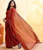 maroon embellished cotton blend zari check handloom saree