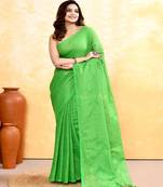green embellished cotton blend zari check handloom saree