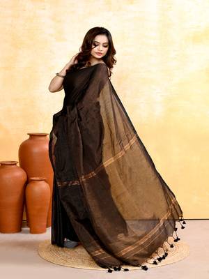 black embellished cotton blend zari check handloom saree 2