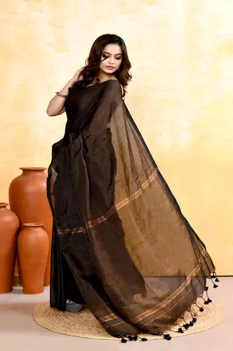 black embellished cotton blend zari check handloom saree