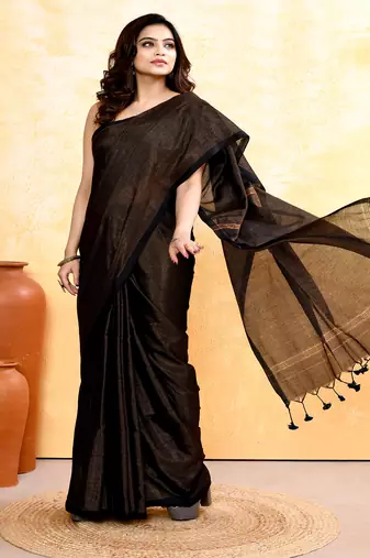 black embellished cotton blend zari check handloom saree