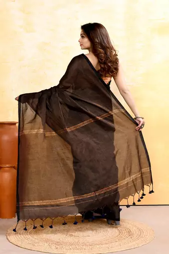 black embellished cotton blend zari check handloom saree