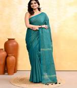 teal embellished cotton blend zari check handloom saree