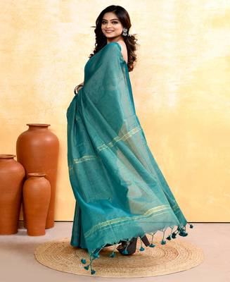 teal embellished cotton blend zari check handloom saree 2