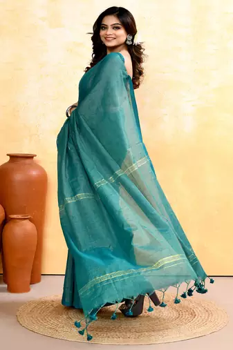 teal embellished cotton blend zari check handloom saree