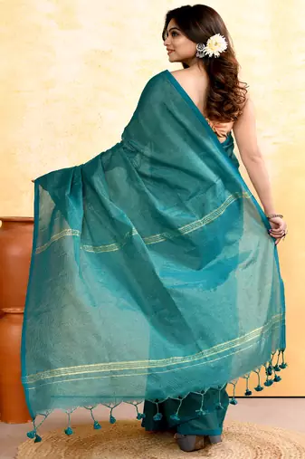 teal embellished cotton blend zari check handloom saree
