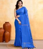 sky blue embellished cotton blend zari check handloom saree