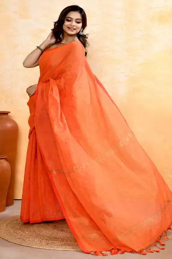 orange embellished cotton blend zari check handloom saree