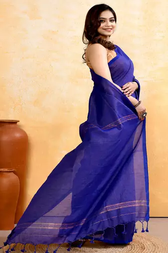 royel blue embellished cotton blend zari check handloom saree