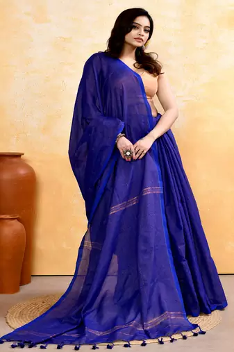 royel blue embellished cotton blend zari check handloom saree