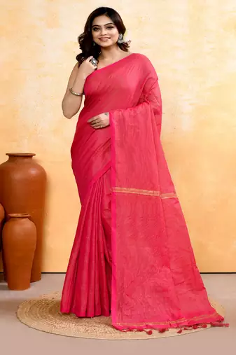 rani pink embellished cotton blend zari check handloom saree