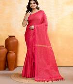 rani pink embellished cotton blend zari check handloom saree