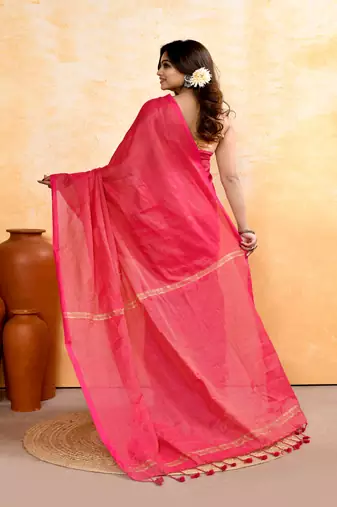 rani pink embellished cotton blend zari check handloom saree