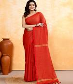 red embellished cotton blend zari check handloom saree