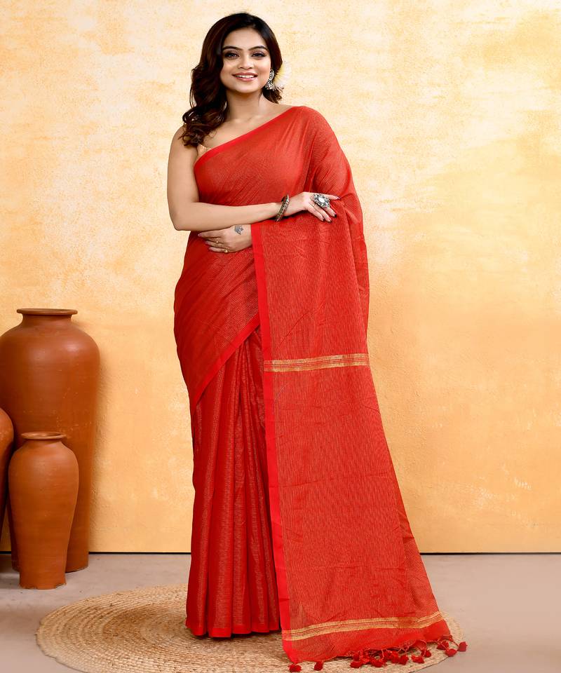 red embellished cotton blend zari check handloom saree