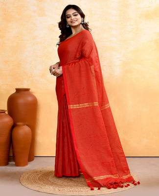 red embellished cotton blend zari check handloom saree 2