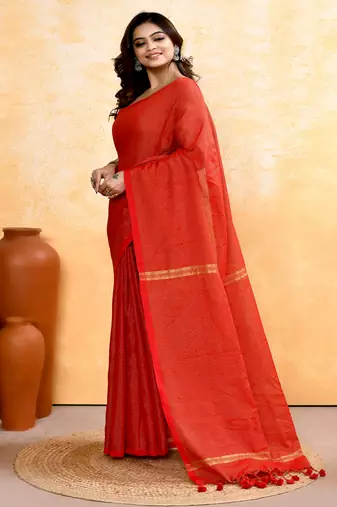 red embellished cotton blend zari check handloom saree