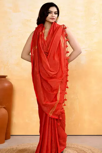 red embellished cotton blend zari check handloom saree