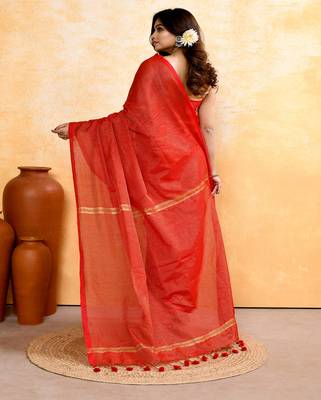 red embellished cotton blend zari check handloom saree 4