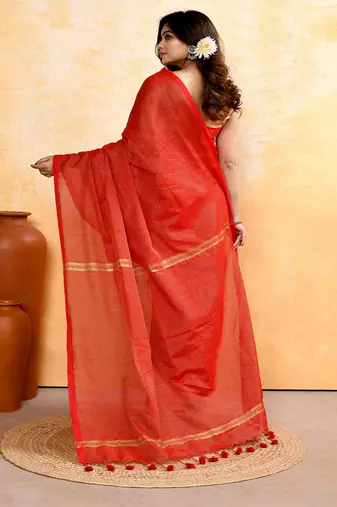 red embellished cotton blend zari check handloom saree