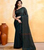 moss green embellished cotton blend zari check handloom saree