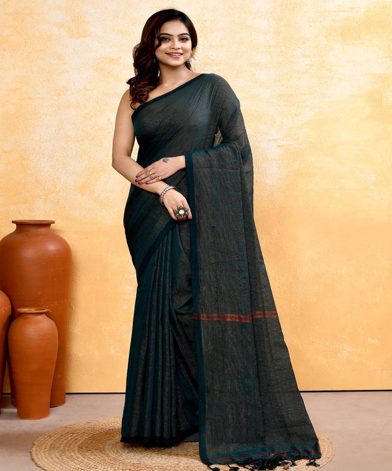 moss green embellished cotton blend zari check handloom saree