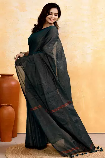 moss green embellished cotton blend zari check handloom saree
