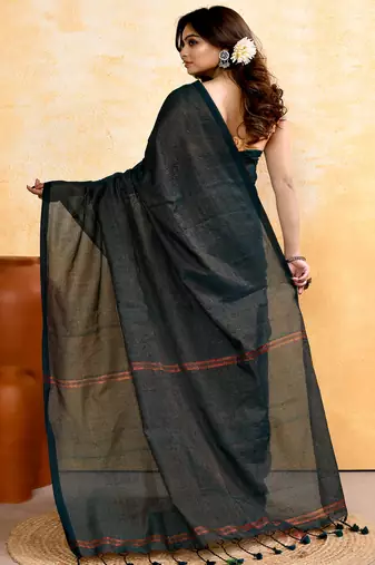 moss green embellished cotton blend zari check handloom saree