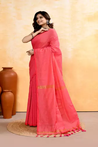 pink embellished cotton blend zari check handloom saree