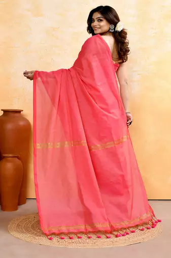 pink embellished cotton blend zari check handloom saree