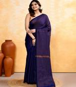 navy blue embellished cotton blend zari check handloom saree