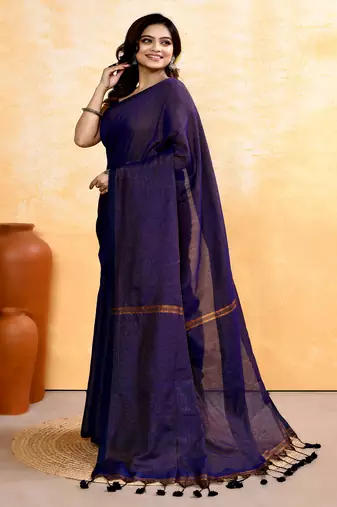 navy blue embellished cotton blend zari check handloom saree