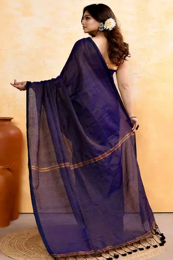 navy blue embellished cotton blend zari check handloom saree