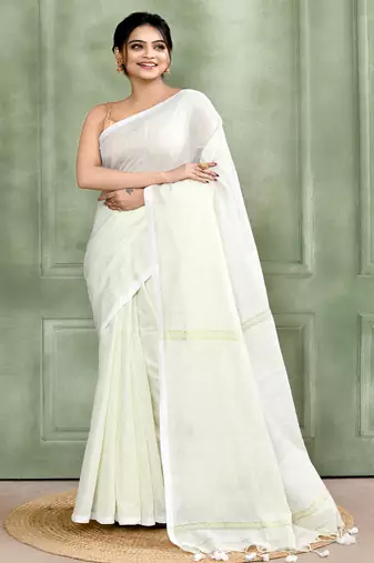 white embellished cotton blend zari check handloom saree