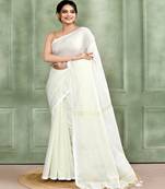 white embellished cotton blend zari check handloom saree