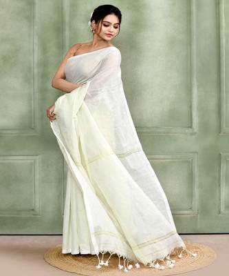 white embellished cotton blend zari check handloom saree 2