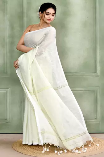 white embellished cotton blend zari check handloom saree