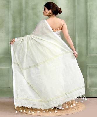 white embellished cotton blend zari check handloom saree 3