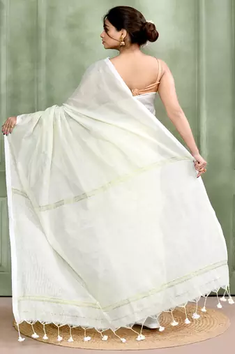 white embellished cotton blend zari check handloom saree