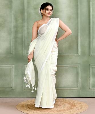 white embellished cotton blend zari check handloom saree 4